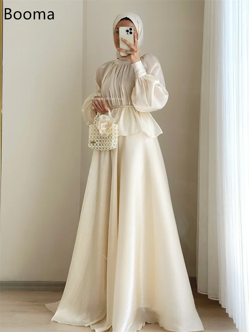 Booma a-line مطوي لامع رقبة دائرية زهرة المرأة حفلة موسيقية فساتين رسمية للنساء طويلة الأكمام فستان سهرة أنيق مخصص 2025