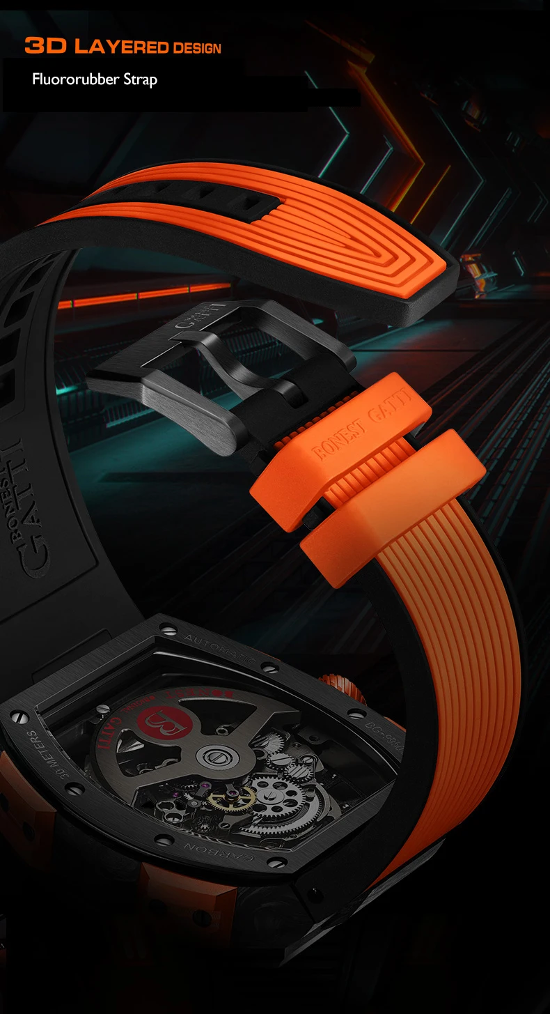 Reloj Automático BONEST GATTI para hombre, reloj de pulsera mecánico Tonneau de 43mm x 51mm, correa luminosa de fibra de carbono con fluorubber, esfera con mecanismo al descubierto