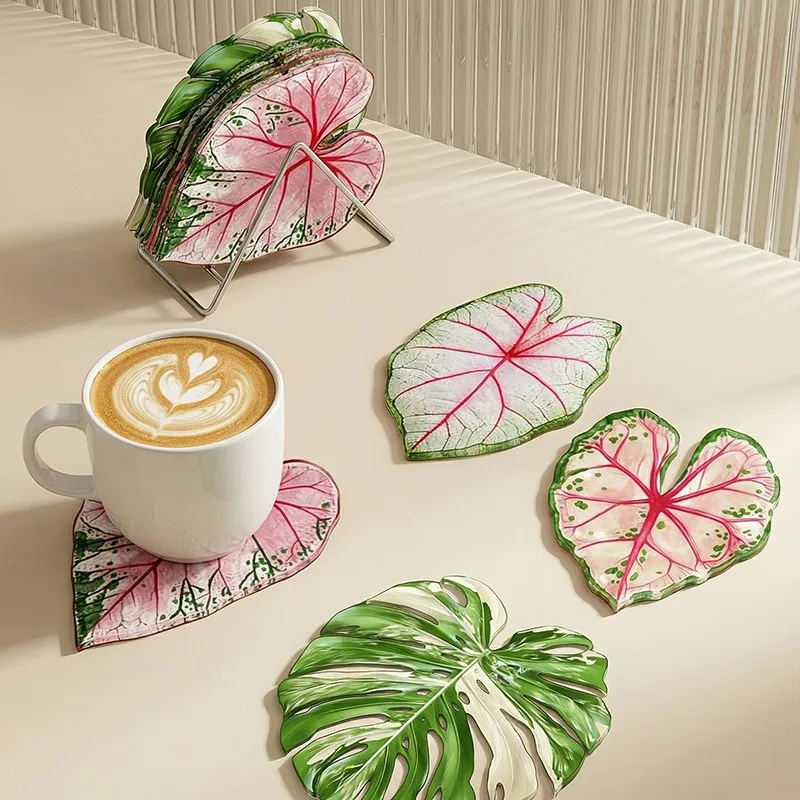 Posavasos de acrílico estilo Ins con motivos de plantas tropicales, aislantes del calor, resistentes a quemaduras y fáciles de limpiar.