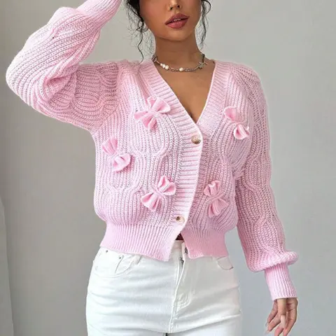 Autumn New Style Korean Loose Pink Bow Cardigan Sweater Women's Early Fit Soft Supple Age-Reducing Slimming Knitted Cardigan