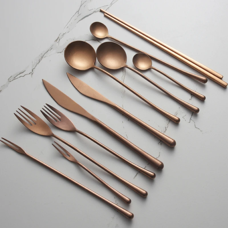 304 Stainless Steel Rose Gold Knife and Fork Spoon Set, Vintage Household Western Tableware, Dessert Spoon, Chopsticks