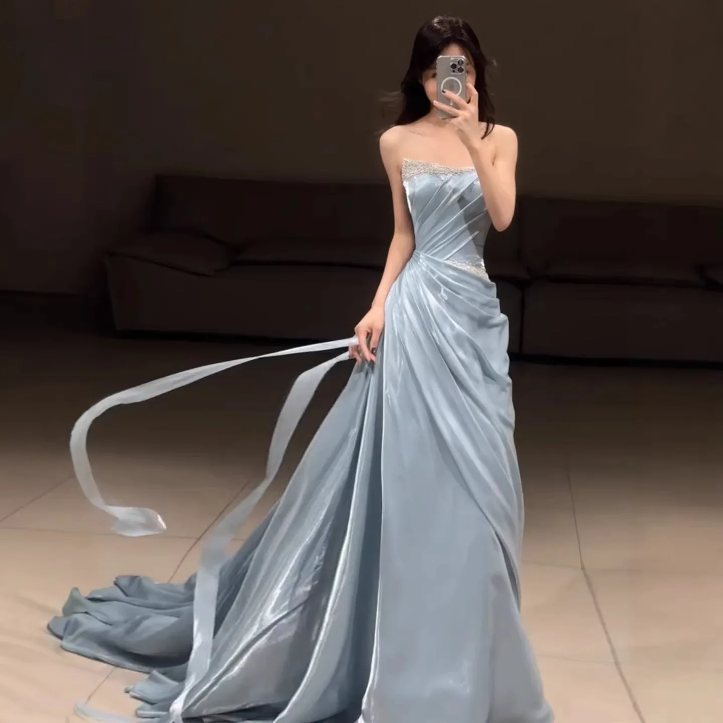

Tube Top Evening Dress Temperament Ladies Banquet Host Advanced Texture Satin Toast Dress Beautiful Morning Gowns Women