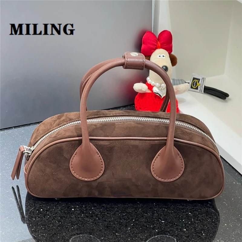 

2024 Autumn New Women's Bag Retro Style Suede Leather Bowling Bag Large Capacity Single Shoulder Bag Female Top-handle Handbag