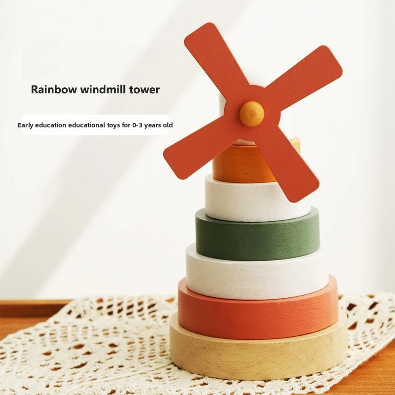 Toddler Toys Montessori Education Wood Windmill Stacking Toy Building Blocks Set Board Games Constructor Puzzle Interactive Toys