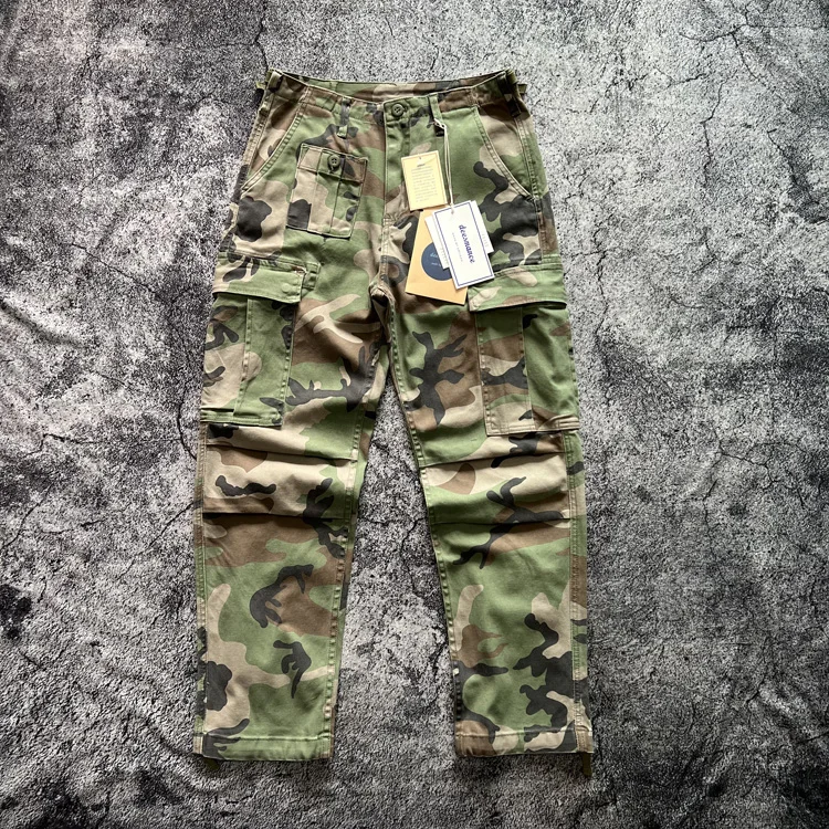

Amekaji American Retro Military Cargo Pants - Stretch Green Camo Multi-Pocket Work Pants / Relaxed Straight Leg Tactical Trouser