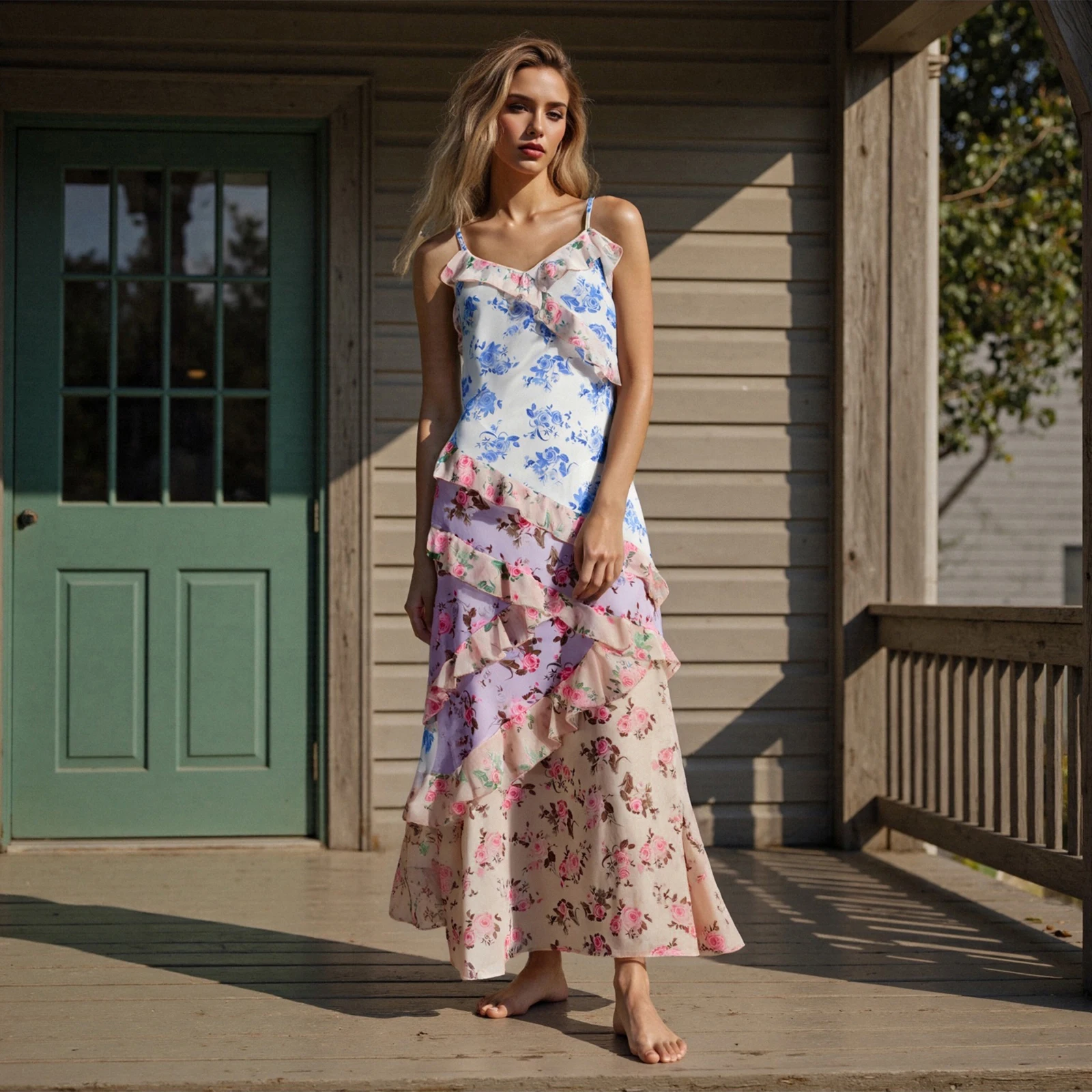 새로운 여성 플로럴 패치워크 캐미 드레스 슬림 러플 트림 V넥 민소매 오픈 백 롱 드레스 파티 클럽 핫세일 S M L