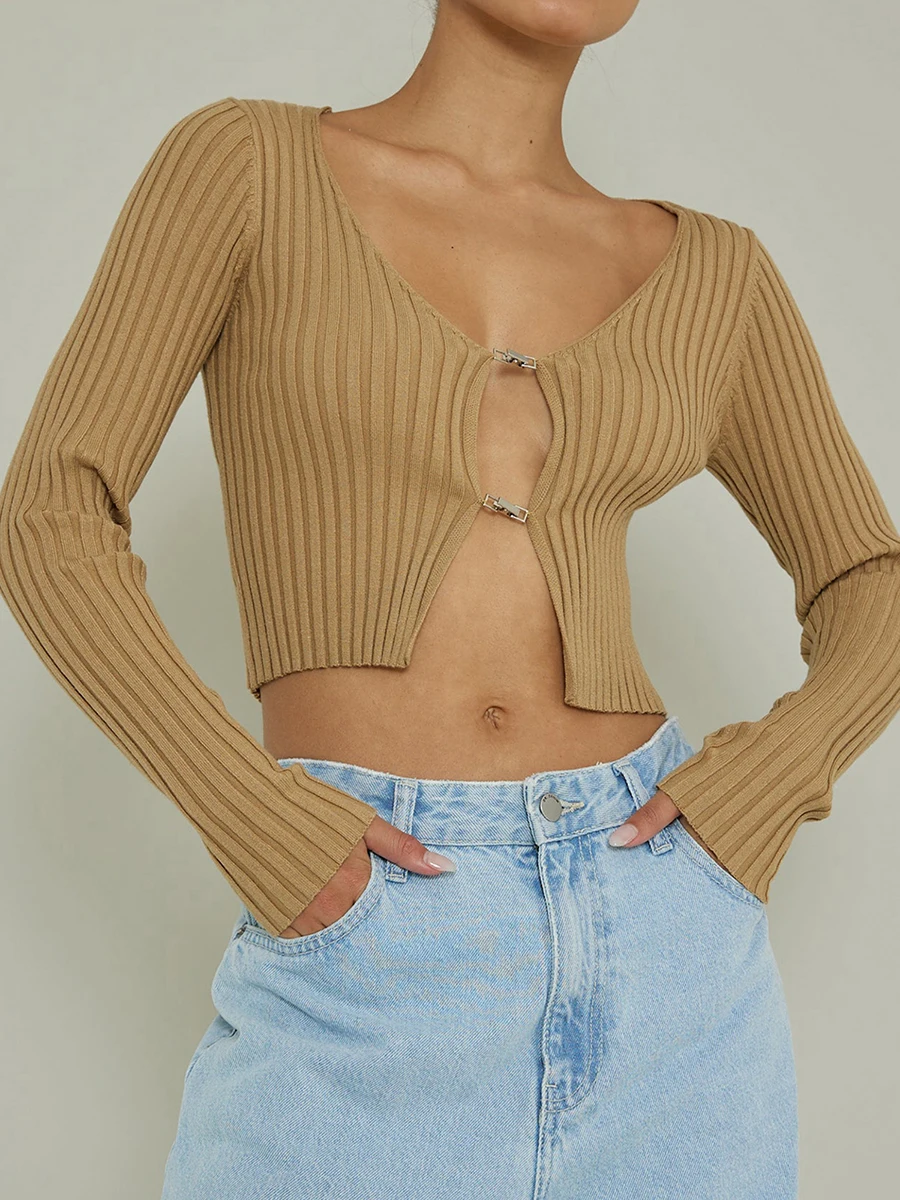 Women Front Cut Ribbed Knit Cropped Tops Sexy Knitted Long Sleeve Cardigan Sweaters for Ladies Casual Shirts Pullovers Autumn