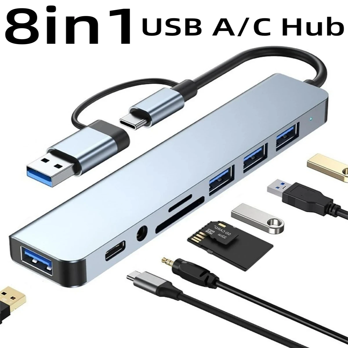 

8 In 1 USB A Type-C Hub 1xUSB3.0 3xUSB2.0 OTG Splitter with TF/SD Card Reader 3.5mm Jack Audio Output for Laptop PC Mobile Phone