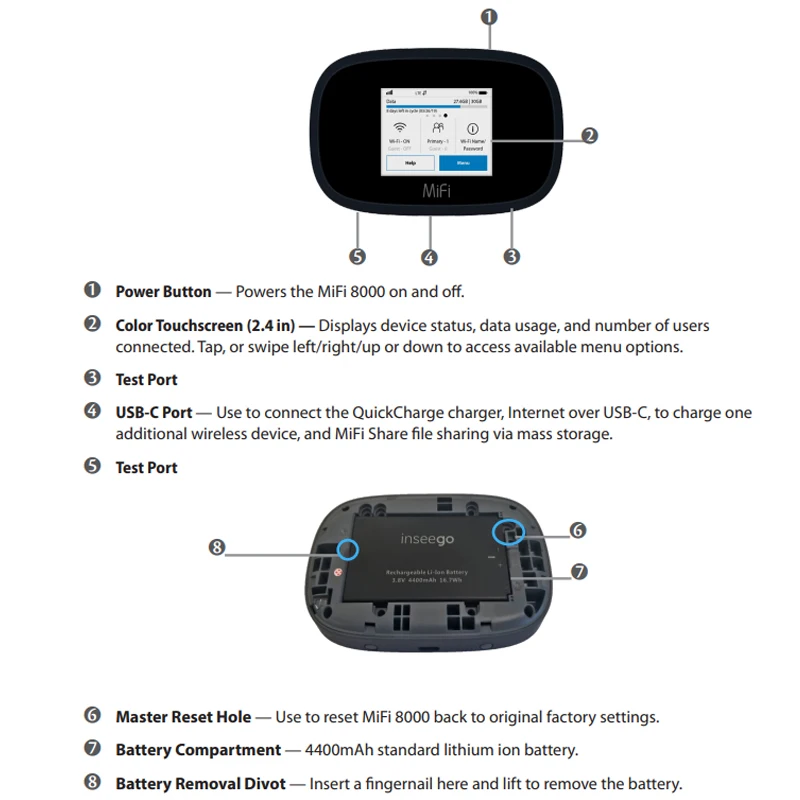 Imagem -02 - Inseego-mifi 8800l Router de Bolso 4g Lte Mobile Hotspot 2.4 Touchscreen sem Fio Wi-fi Portátil Slot para Cartão Sim Bateria 4400mah