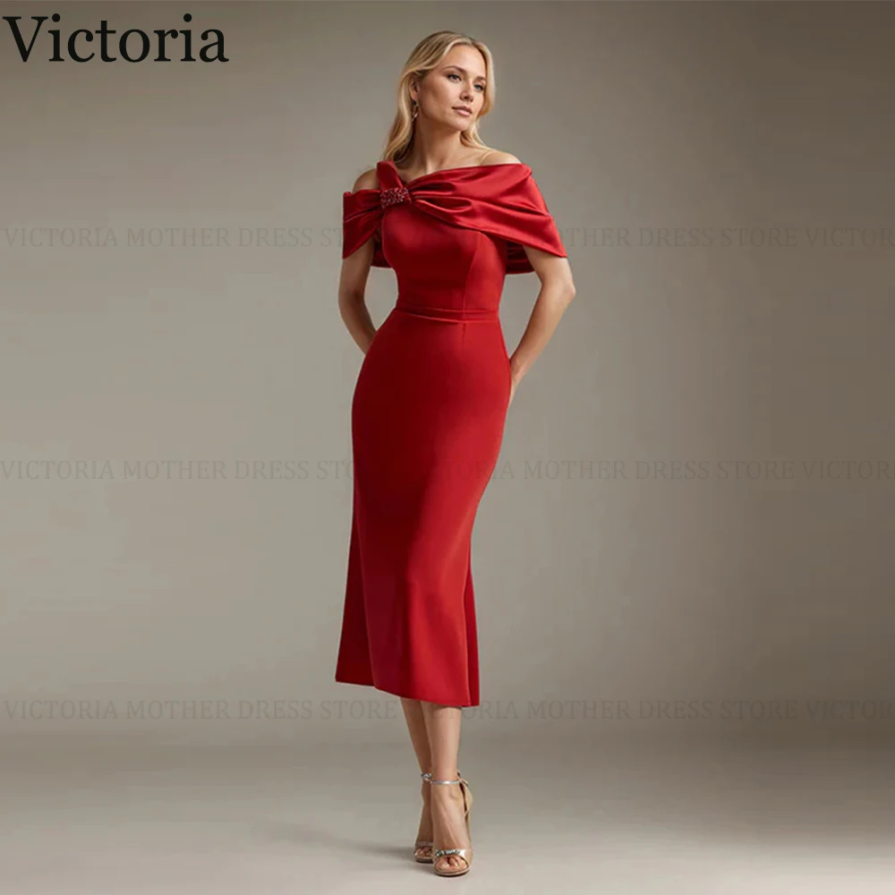

VICTORIA Red Elegant Mother of the Bride Dresses Customized Sheath Asymmetrical Short Wedding Guest Party Gowns Beading Pleated
