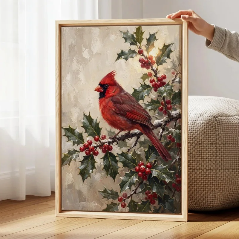 Red Cardinal Bird Holly Berry Canvas Wall Art Winter Christmas Unframed Canvas Print Vintage Festive Living Room Home Wall Decor