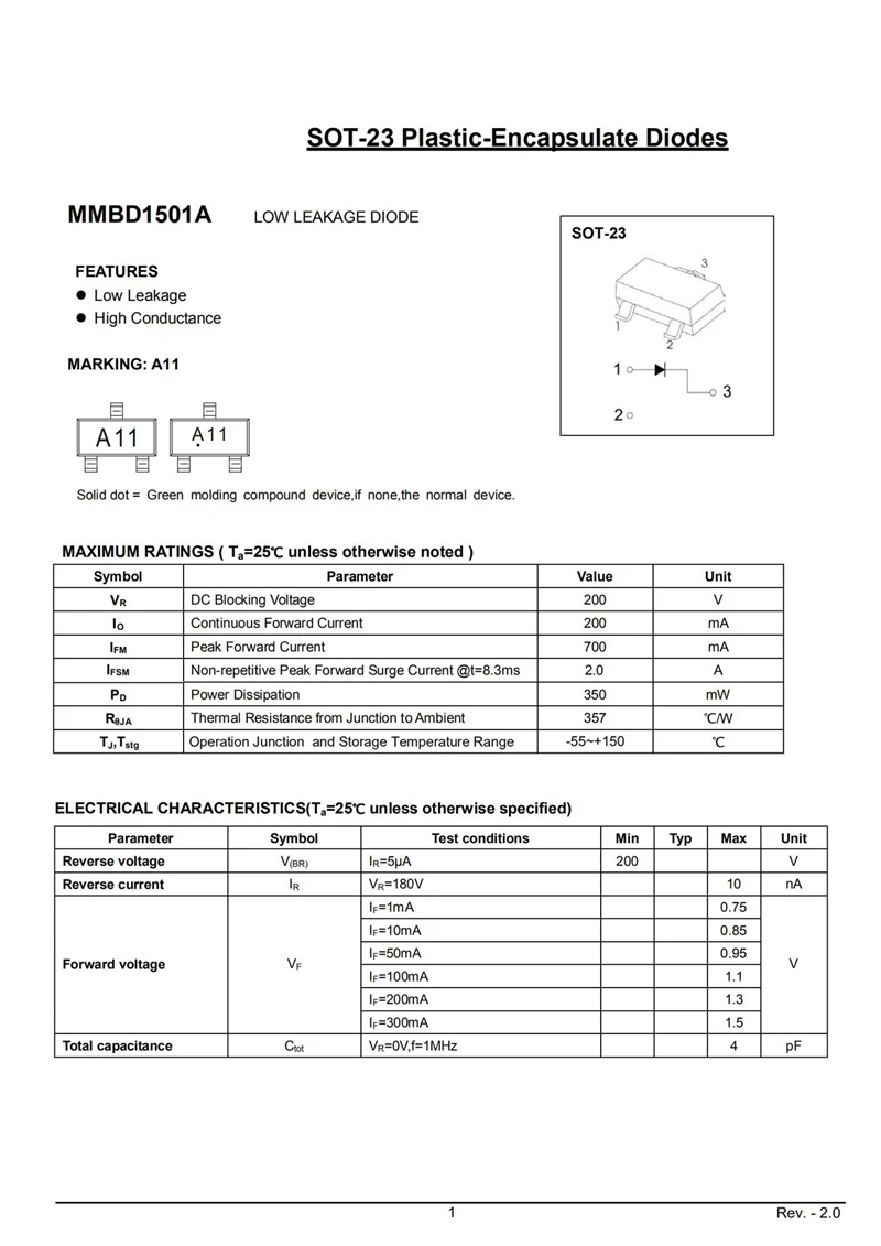 DAN217 BA1 تحويل الصمام الثنائي ، MMBD1501A ، A11 SOT-23 ، SMD Triode ، 50