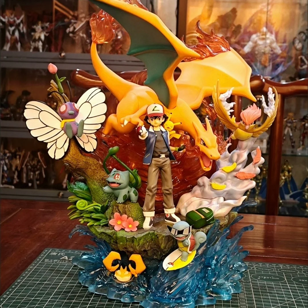 Pokemon Xiaozhi Squirtle Charmander Tyrannosaurus Family Bucket Can Emit Light Anime Figures Model Ornaments Toy Christmas Gift