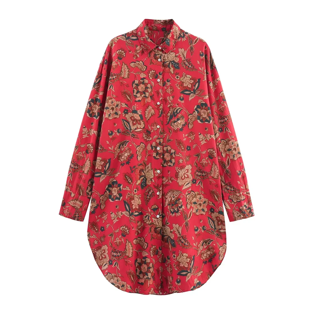 

BSK&TRAF2025lapel single-breasted printed loose casual versatile long shirt summer new women's clothing