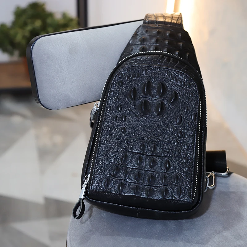 100% Cowhide Leather Men Crocodile Grain Fashion Black Multifunctional Leather Chest Bag sac luxe sac femme bandolera hombre
