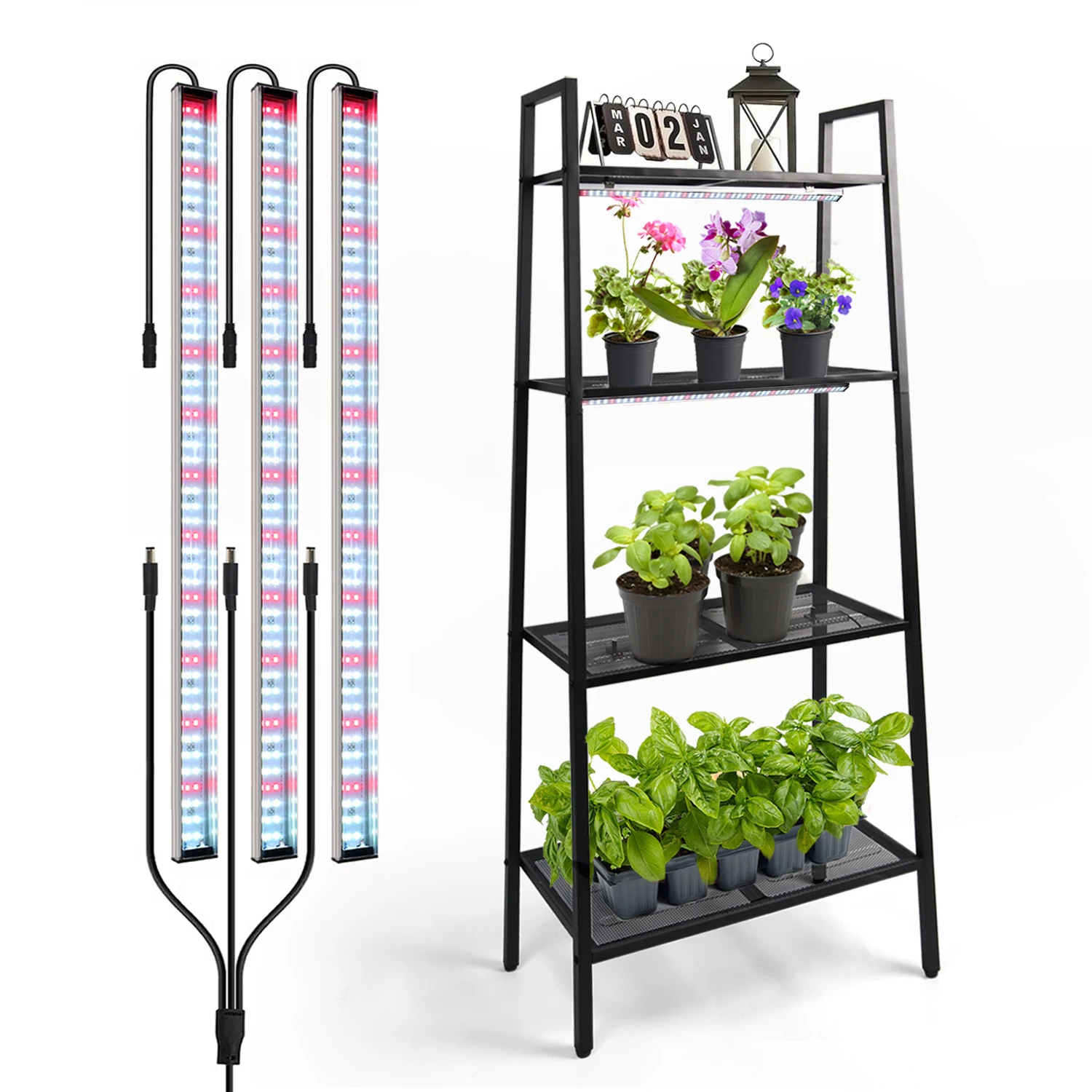 Ladder Iron Indoor Home Gardening Metal Flower Stand Vertical Growing Rack Planting Shelf with LED Grow Lights