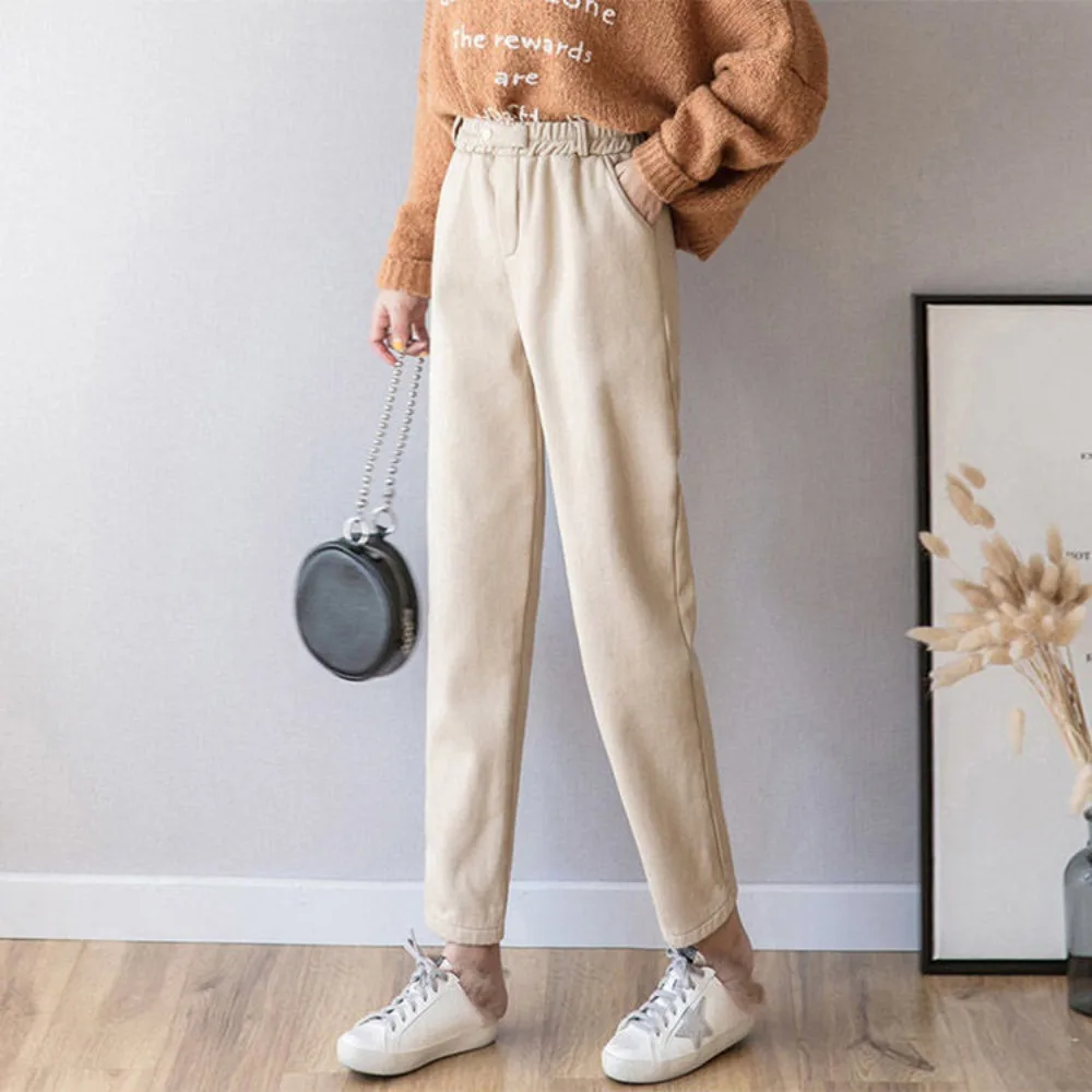 Plush long casual and minimalist pants women 2025 autumn and winter new Korean version plush loose Harun pants women clothing