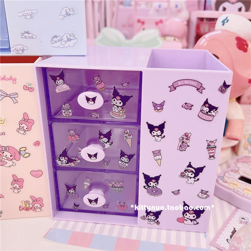 Sanrio Kawaii Cinnamoroll caja organizadora Anime My Melody, pegatina translúcida, cajón, papelería, cosméticos, caja de almacenamiento de escritorio