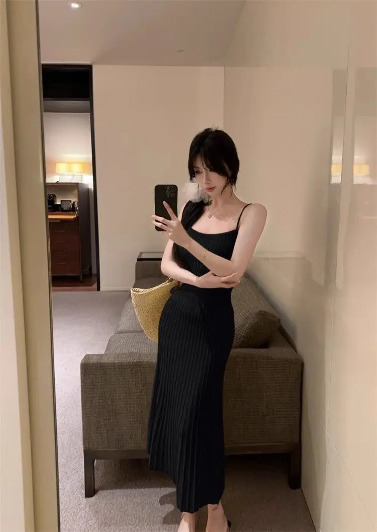 

Knitted Sleeveless Dresses Woman Summer Womens Fall Seven-Quarter Princess Puff Elegant Half-Open Full Collar Sweetheart Length