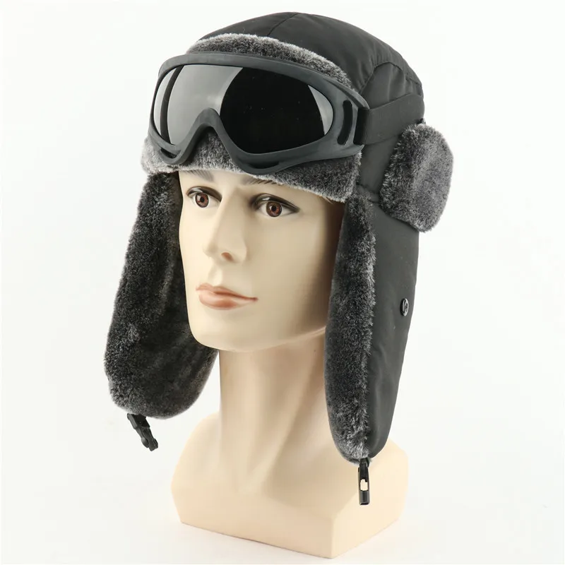 SupSindy Army Military Ushanka Men&Women Winter Bomber Hats with Goggle Warm Faux Rabbit Fur Pilot Earflap Trapper Snow Ski Caps