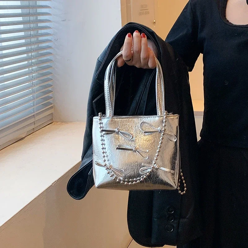 Chains Pu Fashion Top-Handle Bags Zipper Sewing Thread New Women\'s Bags on Sale 2024 High Quality Solid Bow Shoulder Bags