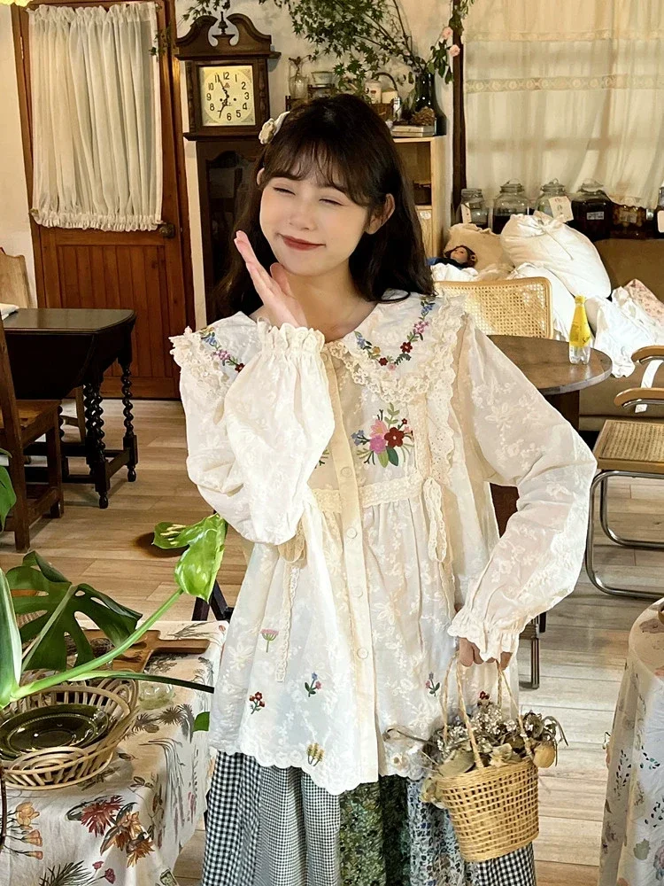 Women Vintage Cottagecore Floral Embroidery Lace Blouse Retro Chic Mori Girl Lolita Sweet Kawaii Cotton Victorian Rococo Shirt