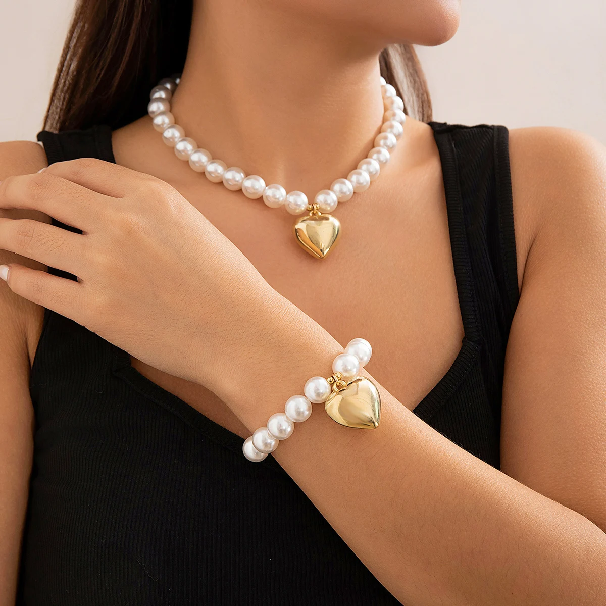 Kunjoe große ccb Perlen Herz Anhänger Halskette Armband für Frauen Ball Strang Choker Kragen Schmuck am Hals Party Damen neu