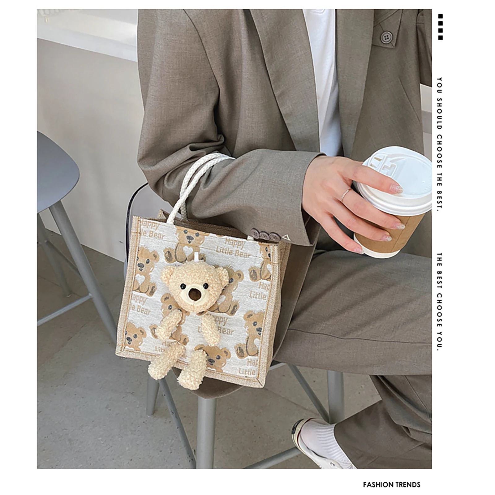 Cute Bear Pendant Handbag for Xmas Casual Linen Canvas Gift Bag Fashion Shopping Bag Women Ladies Girl Handbag