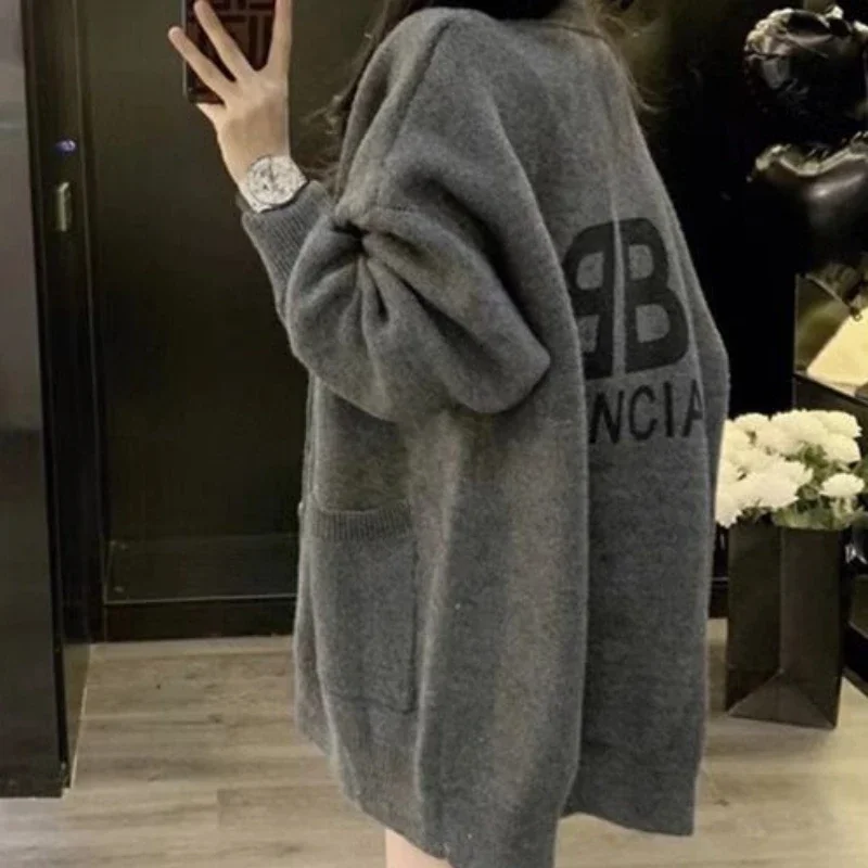 Winter Button Graphic V-neck Knit Tops For Woman Cardigan Long Grey Women\'s Sweater In Promotion Cheap And Korean Style Offers