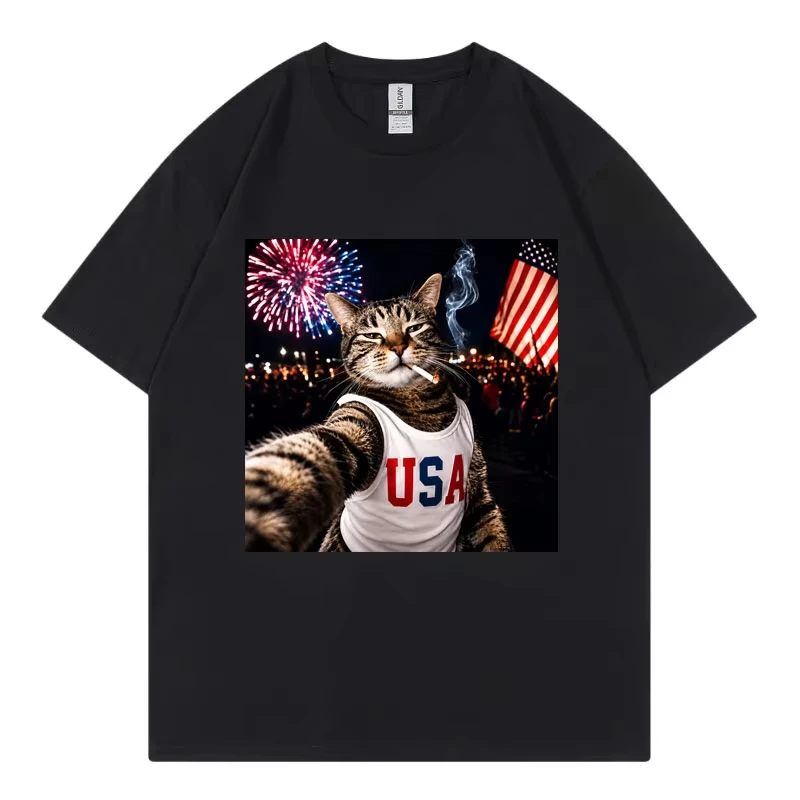 Patriotic Smoking Cat Funny Meme T-shirts High Quality Fashion Short Sleeve T-shirt Men Women Summer Casual 100%cotton T Shirt