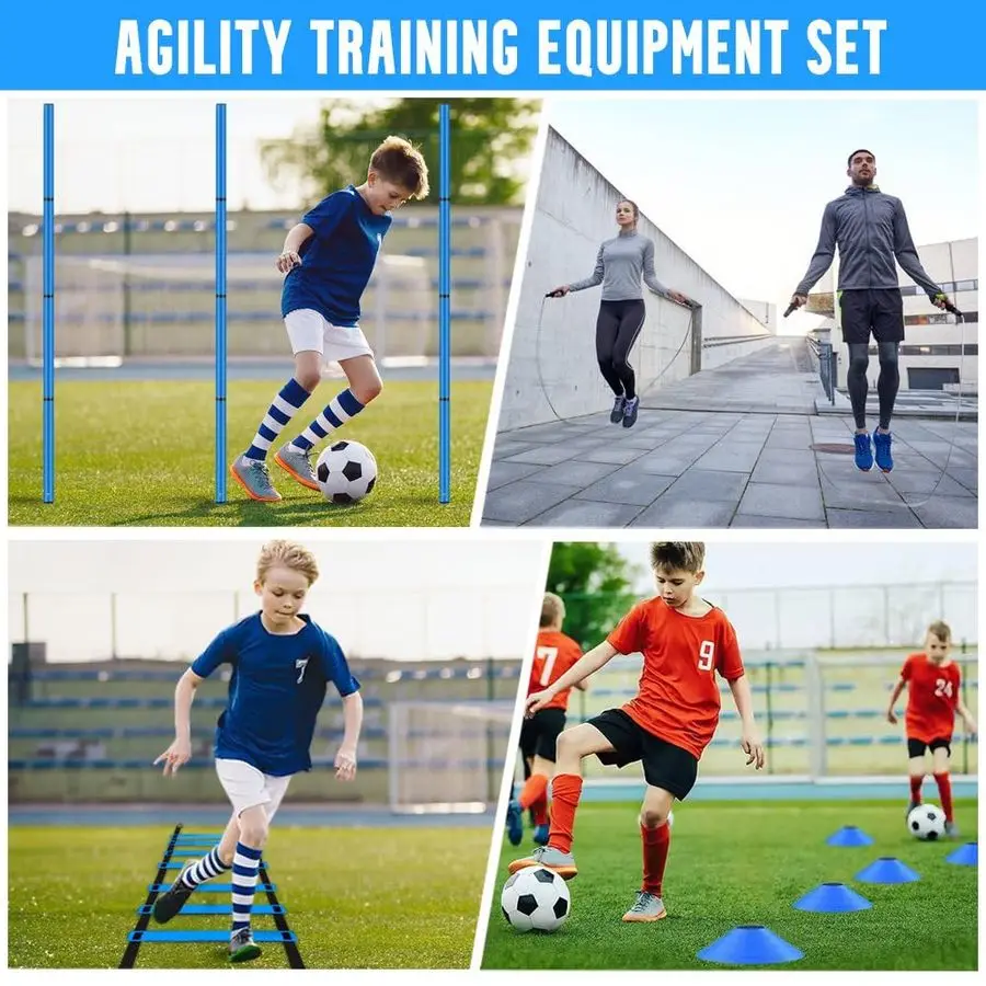 معدات تدريب خفة الحركة، تتضمن سلم خفة الحركة بطول 20 قدمًا، و6 أقطاب خفة الحركة قابلة للتعديل، و10 مخاريط قرصية، ومجموعة تدريب سرعة حبل القفز #4