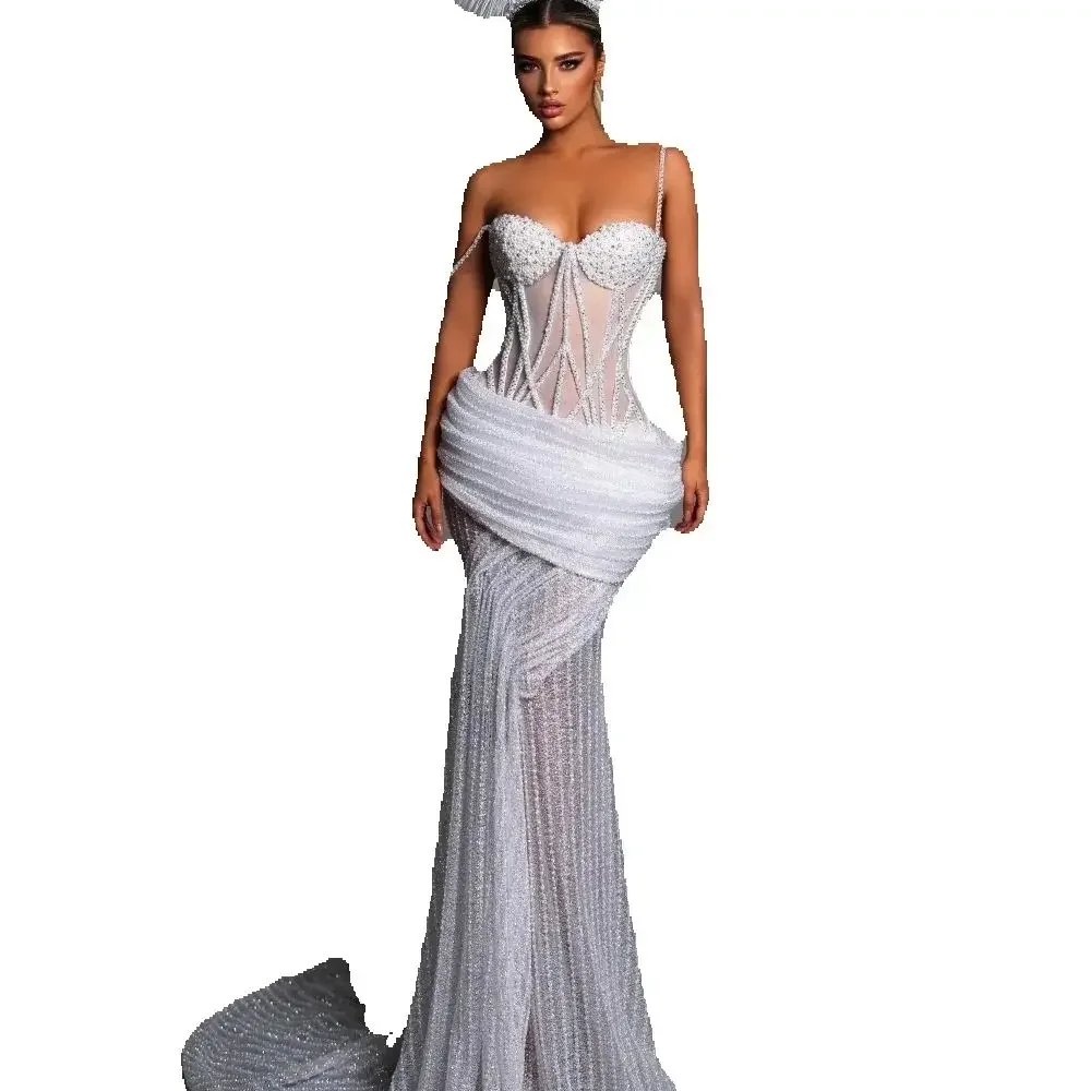 Vestidos de novia de lujo con tirantes finos para mujer, vestidos de novia sexis de encaje con cuentas, vestido de novia de cristal con suelo de barrido personalizado