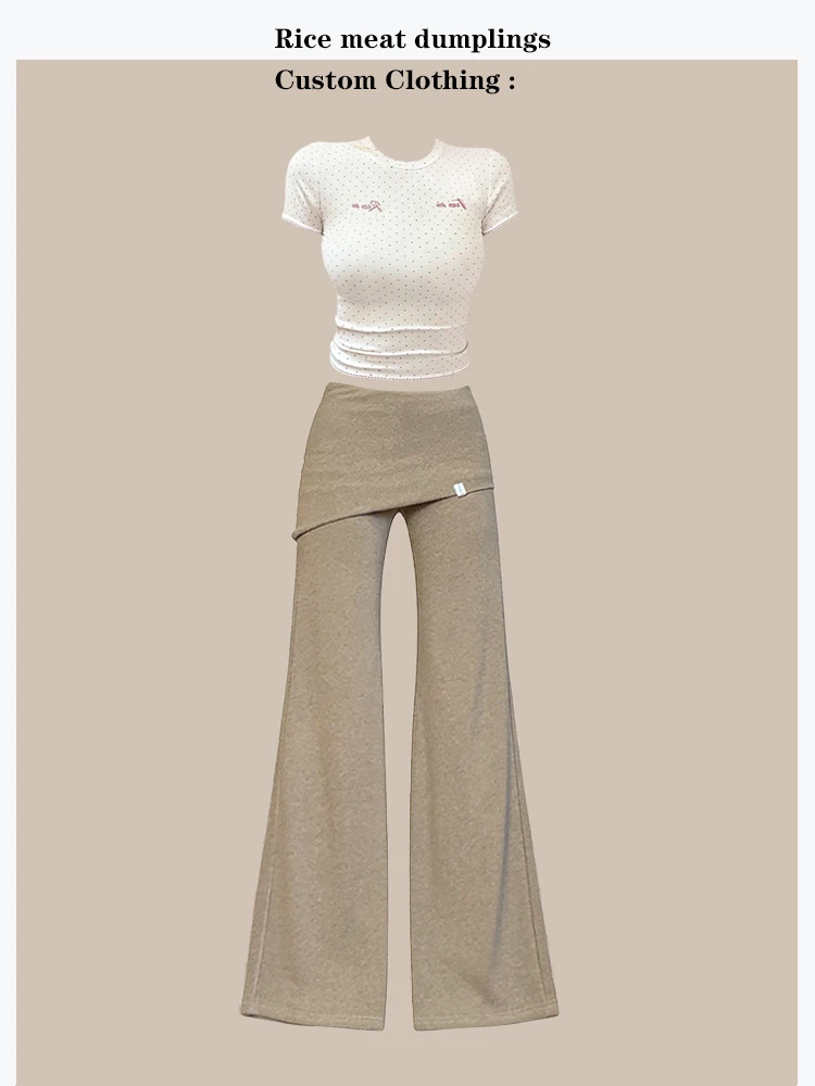

Loose Polka Dot Knitted Short Sleeve T-Shirt High Elastic Flared Casual Pants Set Women's Summer Fashion Outfit round Neck Top