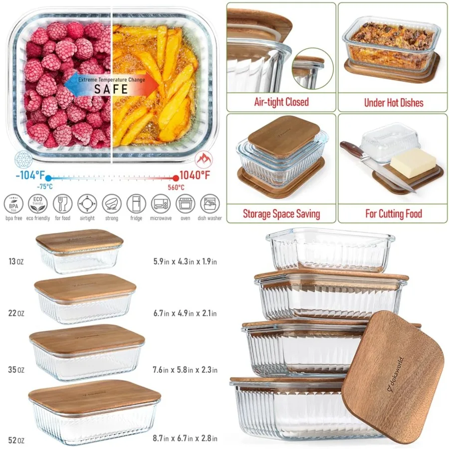 

Set of 4 Stackable Space-Saving Nesting Glass Bowls with Airtight Acacia Lids for Lunch, Meal and Food Prep - Microwave and Ove