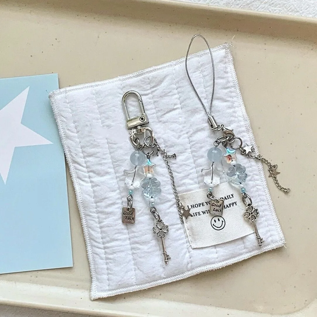 Sea Glass Blue Clover Keychain Beaded Phone Accessories for CCD Camera Lucky Charm Pendant Ins Aesthetic Journal Book