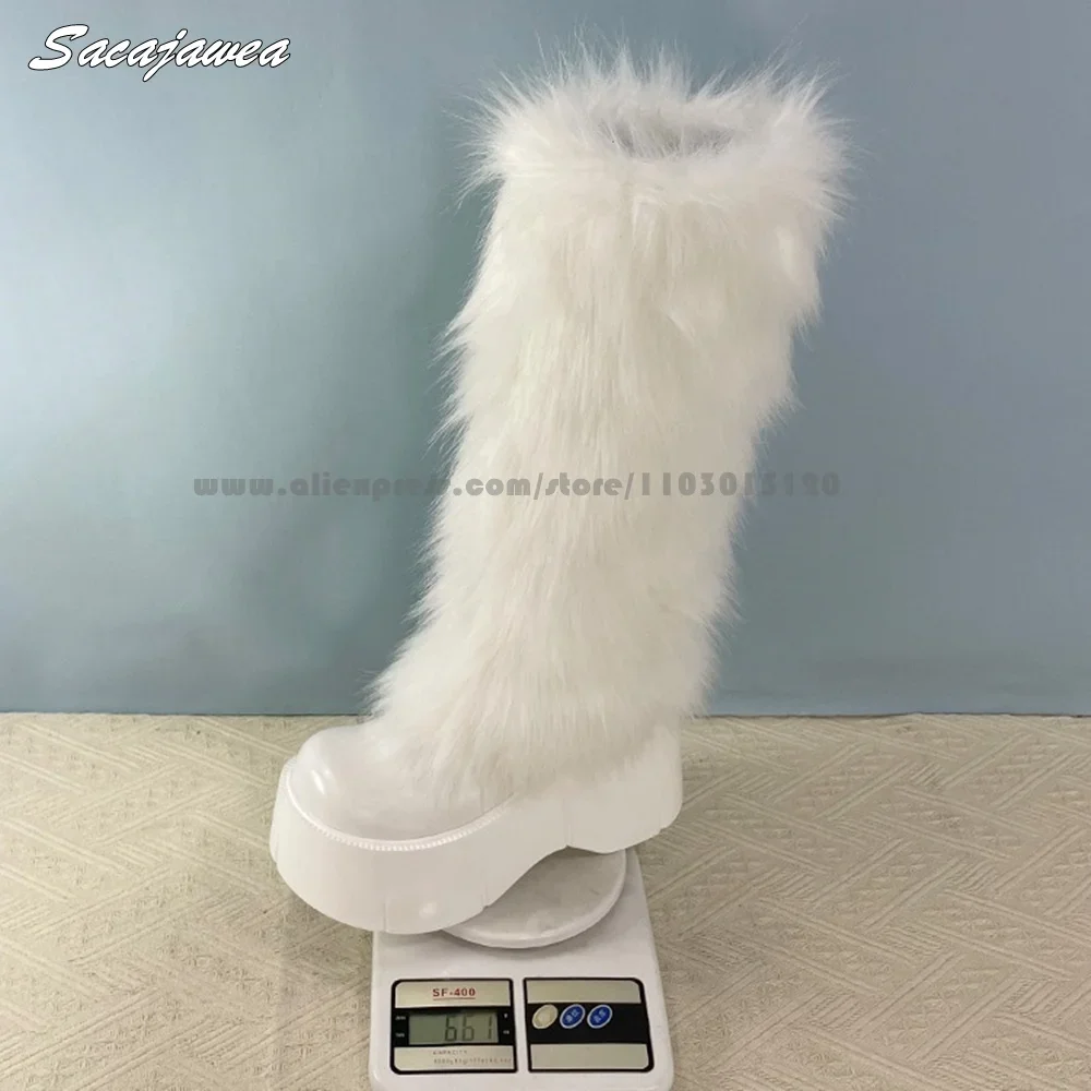 

White Plush Wedges Knee High Sexy Snow Boots Round Toe Platform Casual Lady Boots Glossy All-Match Size 35-39 Sexy Boots