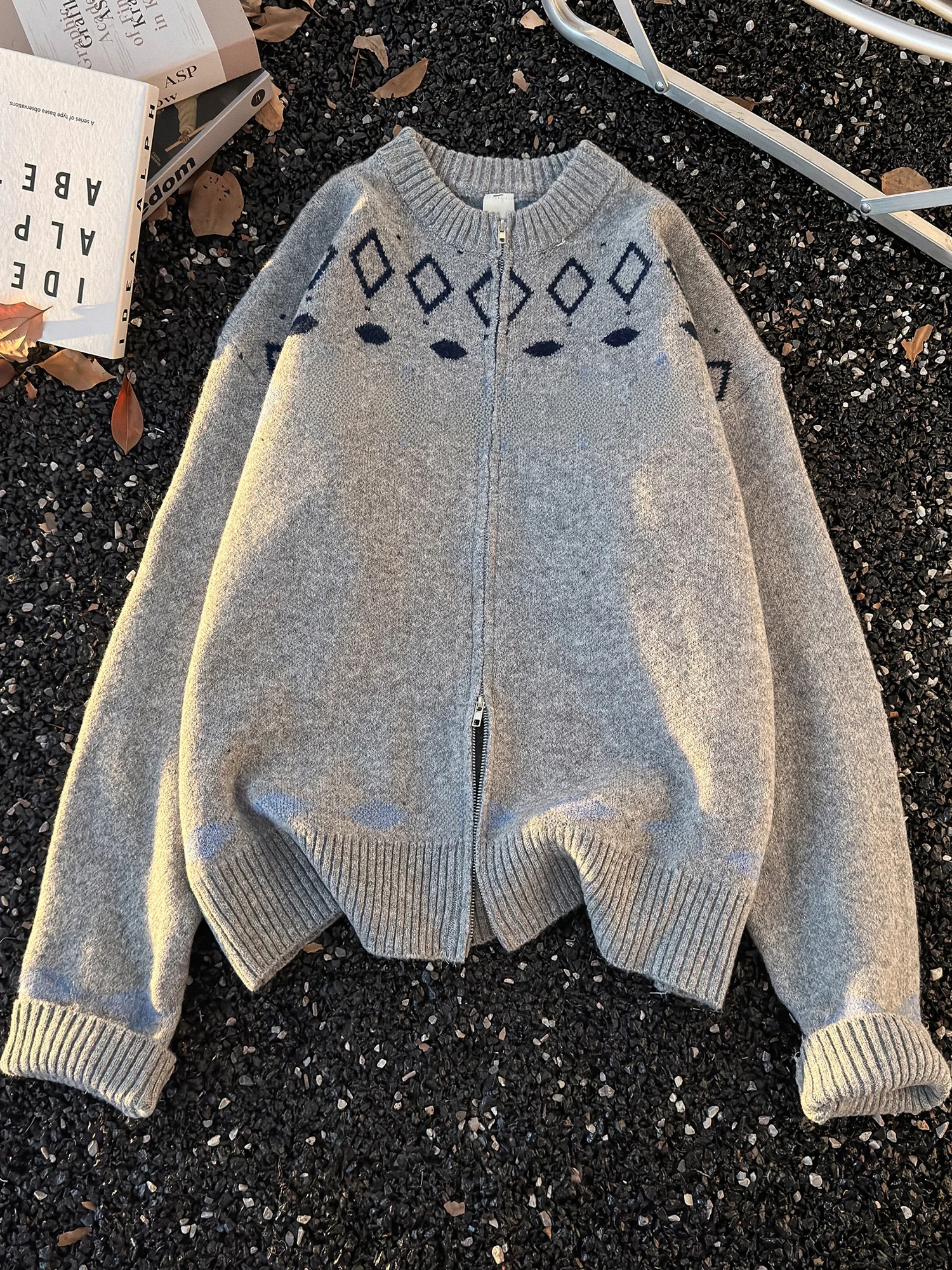 

American Retro Vintage Fair Isle Knitwear Cardigan Men's Autumn Winter High Sensation Diamond Pattern Embroidery Knitted Coat