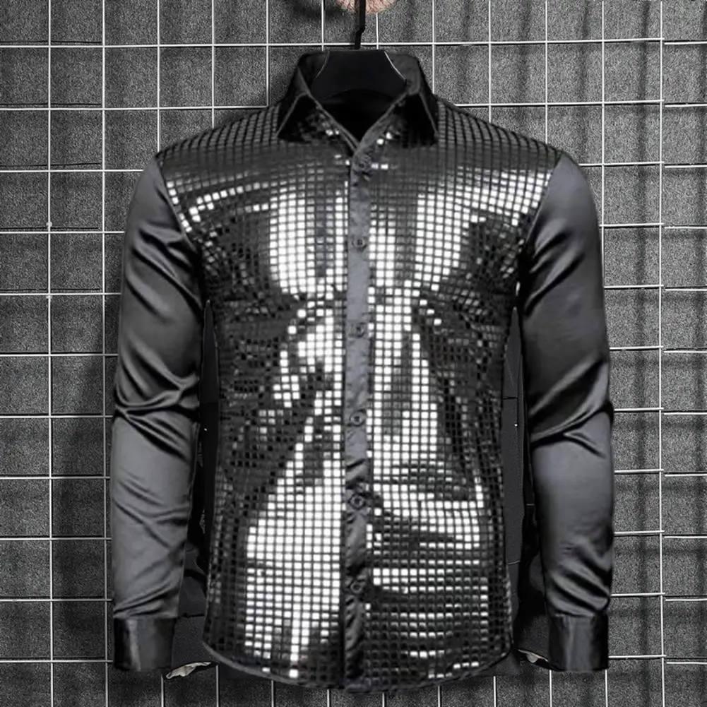 Men Sequin Shirt Colorful Stripe Sequin Lapel Men's Dance Shirt Slim Fit Performance Top with Glossy Finish Long for Clubwear