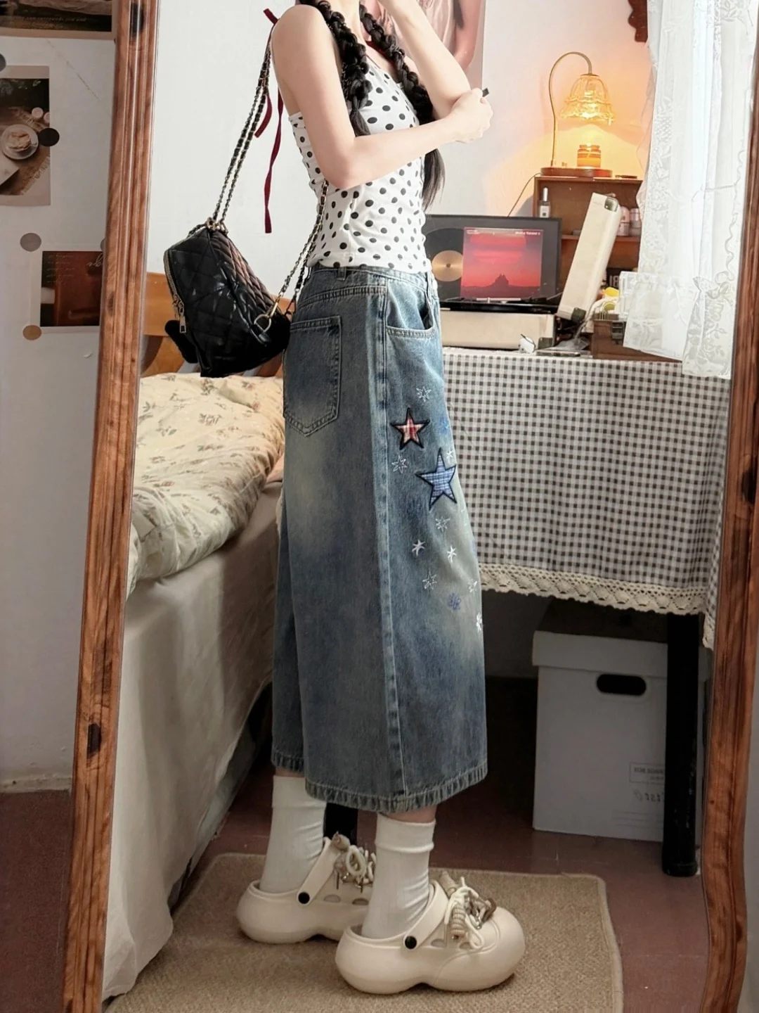 Loose Wide Leg Blue Jeans Women's Summer High Waist Trousers Star Patch Work Casual Comfortable plus Size Denim Pants