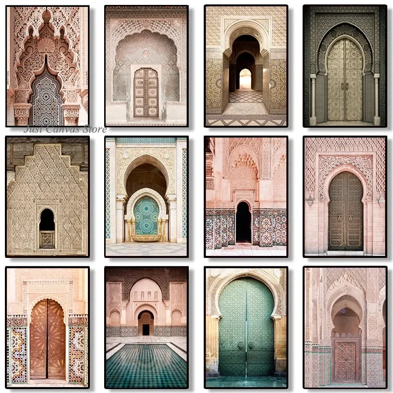 Vintage Islamic Morocco Door Arabic Architecture Wall Art Posters Canvas Painting Prints for Living Room Home Decoration Cuadros