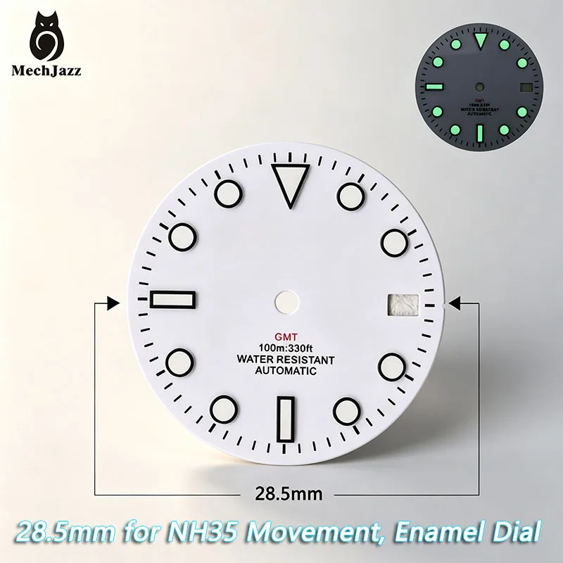 28.5mm black and white dial, green night light enamel dial, compatible with NH35 movement