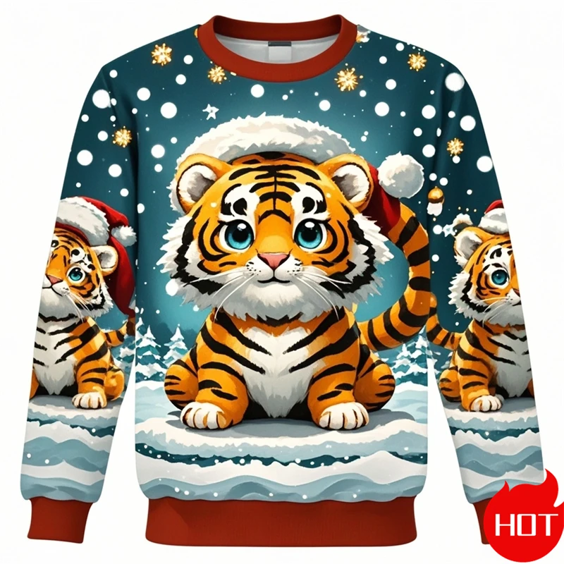 Pullover Sweatshirt For Men Christmas Anime Tiger Graphic 3D Printed Long Sleeve Tops Oversized O-Neck Pullovers Casual Clothing