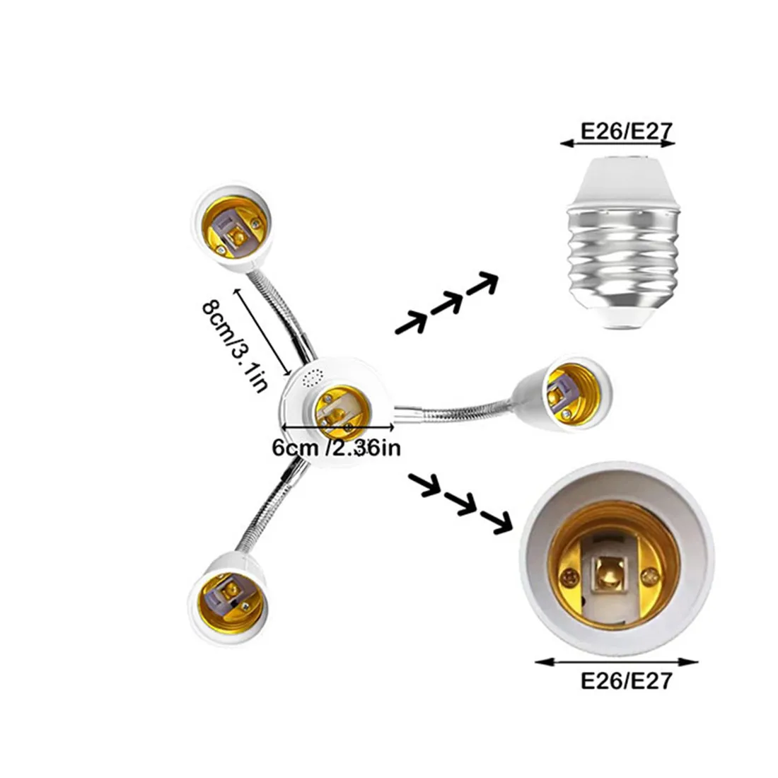 2pcs/Lot E27 Bulbs Holder Base Adapter Converter 1 to 4 Light Socket Splitter with extension Hose Flexible E26 Holder
