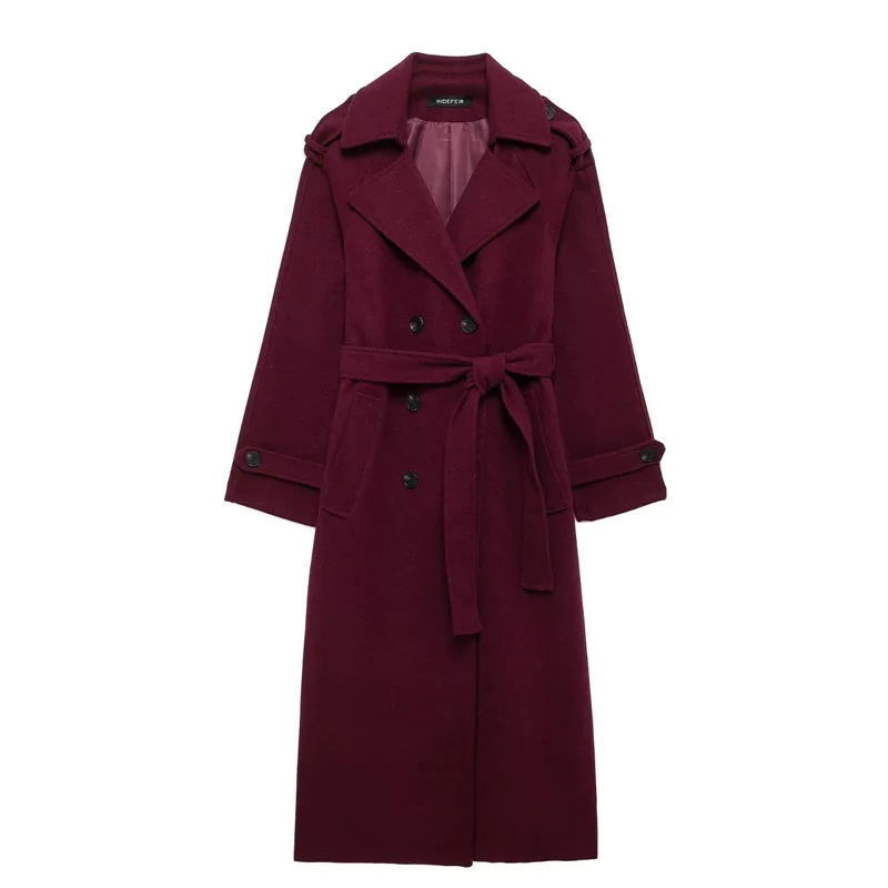 AW Vintage Double-Breasted Belted Trench Coat Women Lapel Collar and Shoulder Straps Long-Length Autumn Winter Outerwear Outfit