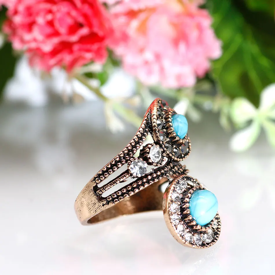 Sunspicems Vintage Artificial Turquoise Turkish Ring For Women Antique Gold Color Natural Stone Indian Bride Wedding Jewelry