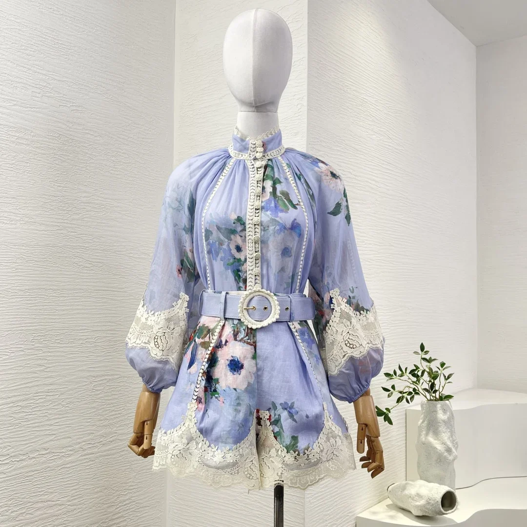 

2025 New Ramie Linen Blue Floral Print Long Sleeve Lace Trim Blouse Tops and Shorts Set for Women