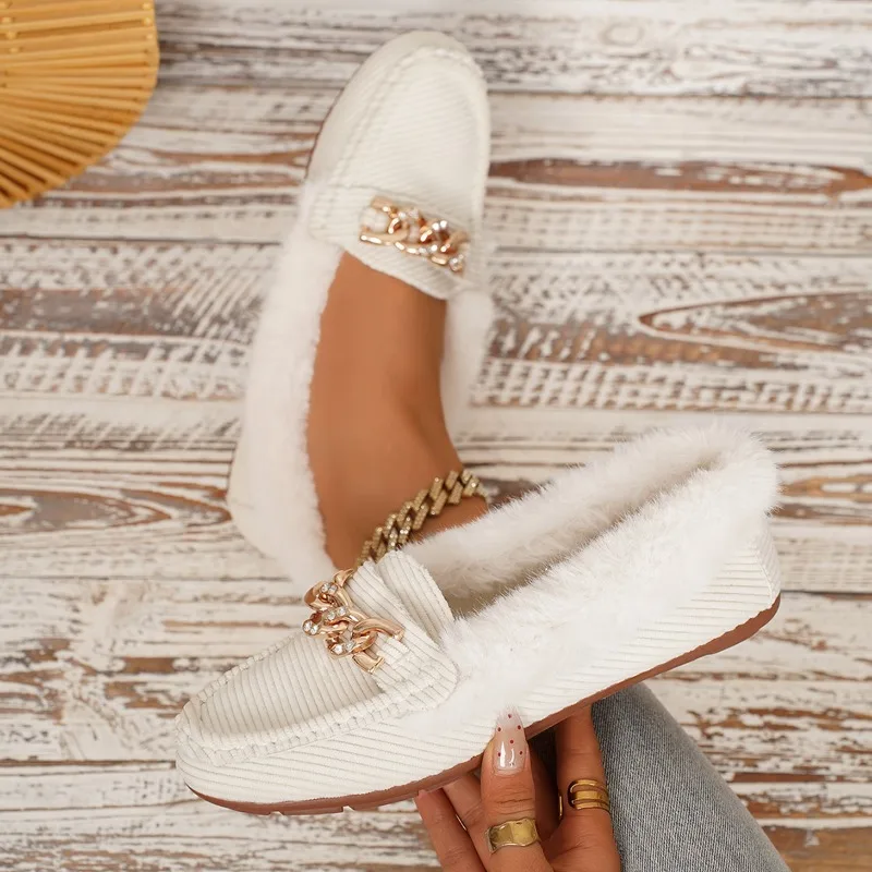 

Women Flats New Fashion Winter Warm Plush Loafers 2026 New Metal Decor Outdoor Casual Comfort Shoes Soft Soled Female Sneakers