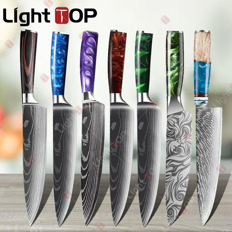 

Stainless Steel Boning Knife Sharp Santoku Knife Japanese Kitchen Chef Knives Laser Damascus Pattern Meat Cleaver Fruit Peeler