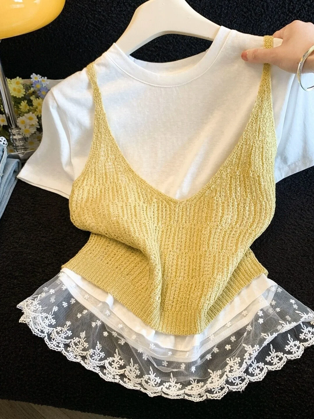 

Elegant Lace Hem Short Sleeve T-Shirt Women's Fashion Summer New Style Layered Slimming Top Two-Piece Set Breathable Knitted ...