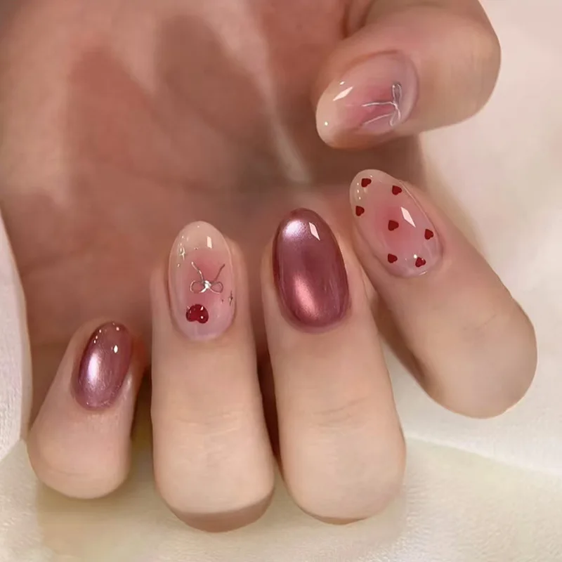 

30pcs Fake Nails Valentine's Day Cat-Eye Burgundy Heart Blush with Silver Bow Press-on Nail Tips Perfect for Gifting To Girls